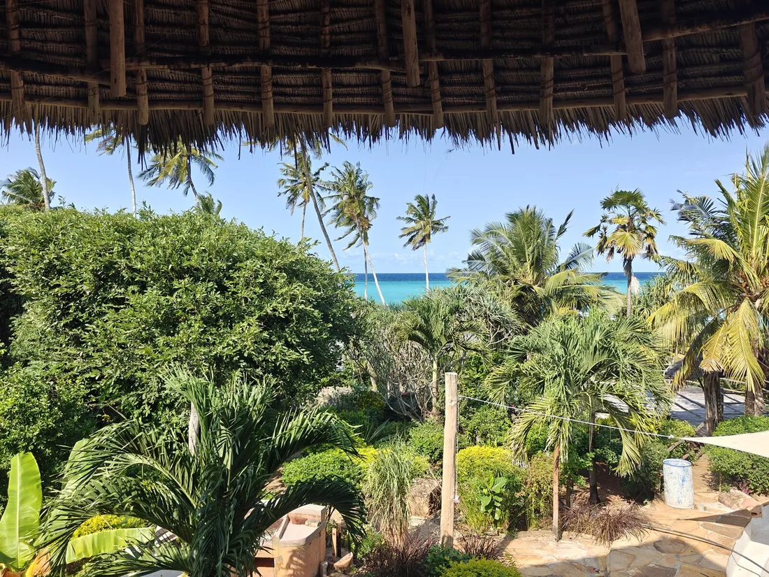 Gardens and turquoise sea beneath the makuti roof.