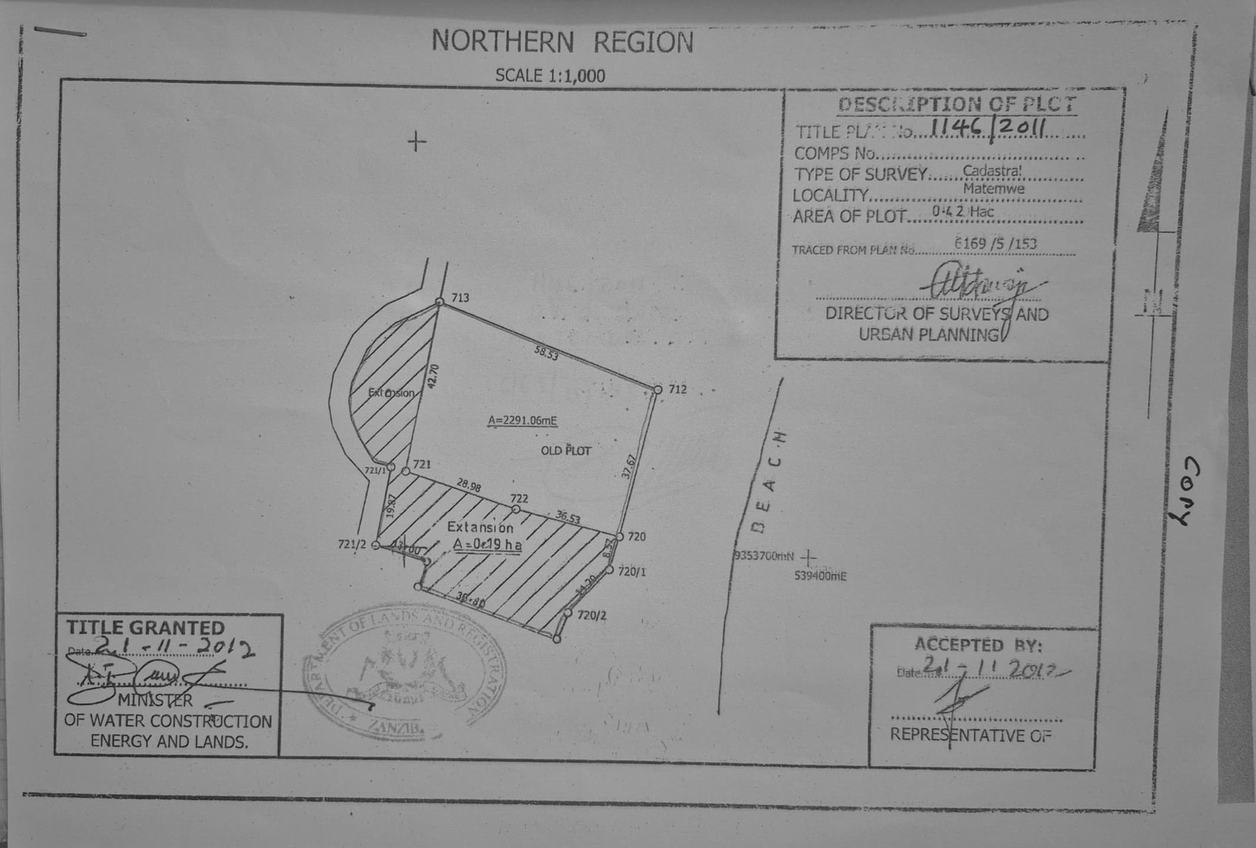 Surveyed cadastral title plan for Cheche Vule, Plot 1, Matemwe, at 1:1,000